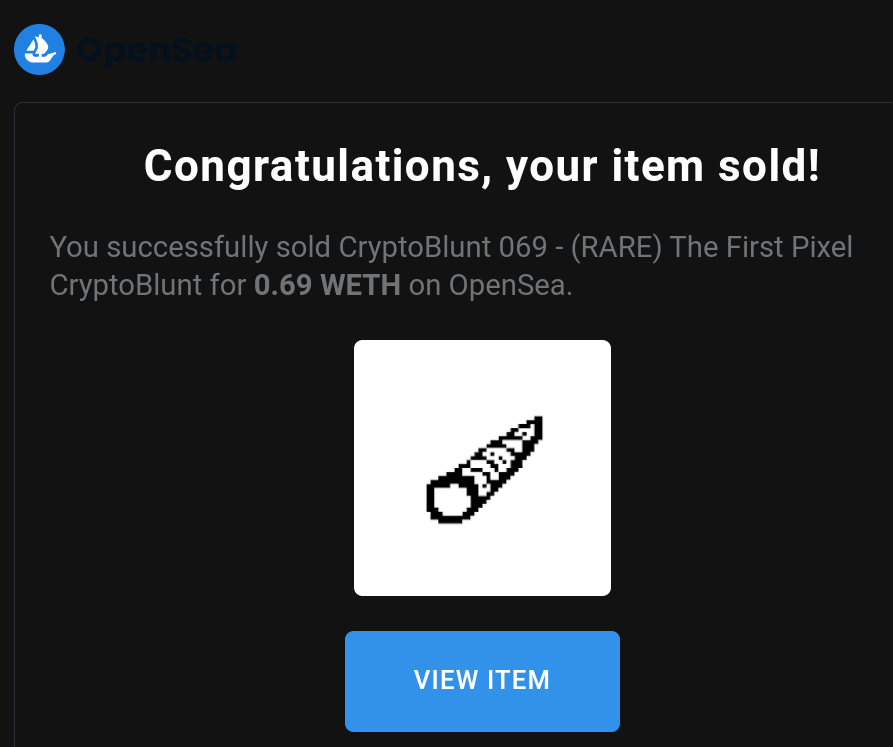 Tonight has been surreal

I went from selling $5grams 

To selling blunts online

With no danger to myself or my loved ones 

This is a symbol of my personal journey

And I can't stop crying

Thank you to the bidder  you have made my dreams come true 👁️💜💛💚

#NFT #cryptoblunts