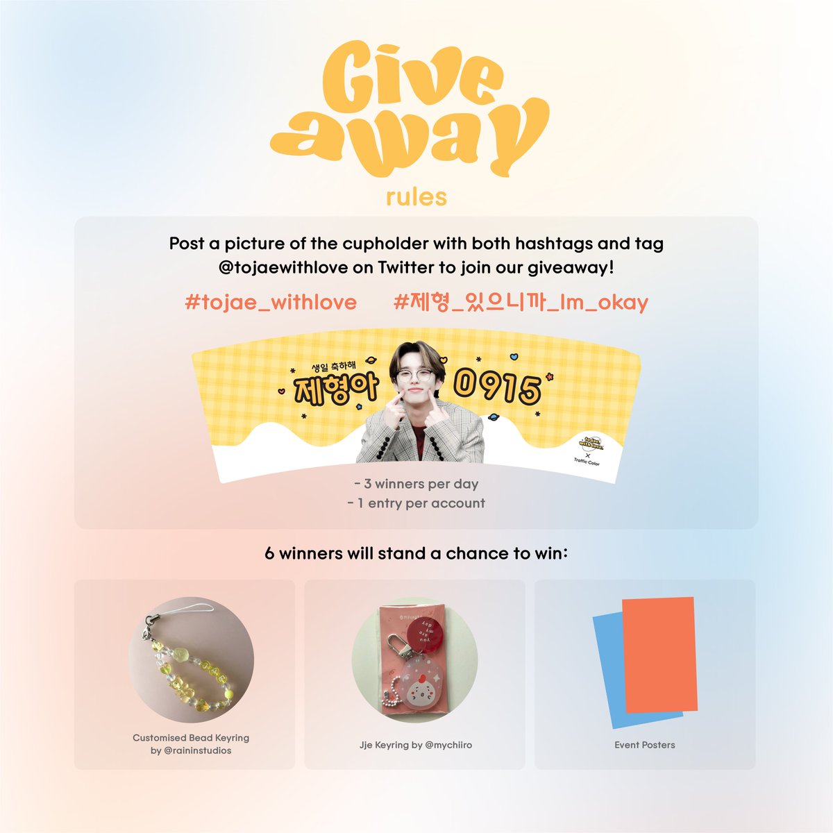tojaewithlove's tweet photo. 𝗗-𝗗𝗔𝗬 
📌 Event Notice &amp; Giveaway Details 🌙
 
Please take the time to read the updated notice and rules to join the giveaway!

See you soon ✨

#tojae_withlove
#제형_있으니까_Im_okay 

🪐 https://t.co/BbFw316ClW