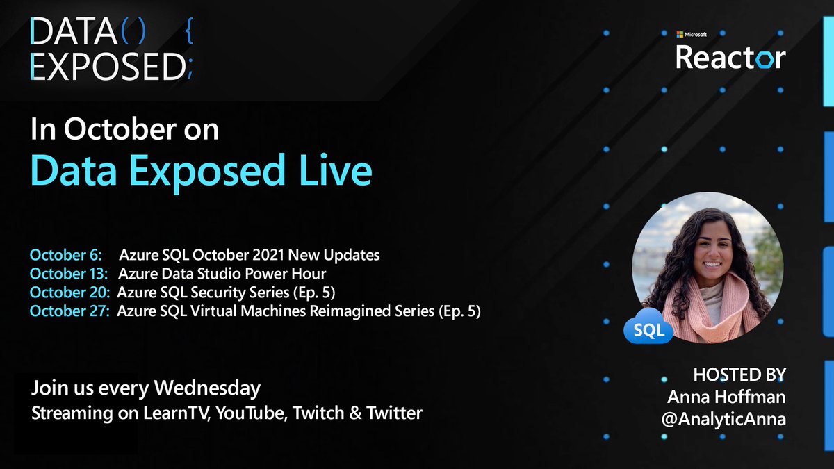 AzureSQL's tweet image. Data Exposed Live is off this week but you can use this time to catch up on any episode you might have missed. Watch the replays on our YouTube channel: aka.ms/azuresqlyt 

We&apos;ll be back next Wednesday at 9AM PT on LearnTV!  #AzureSQL