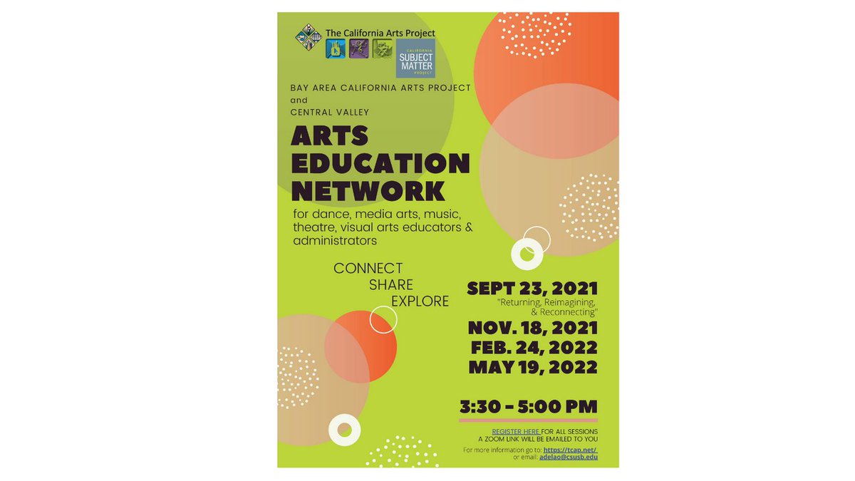 Bay Area California Arts Project and Central Valley - Arts Education Network. No cost to attend. A Zoom link will be emailed following registration. Please copy and paste the following link to register: forms.gle/dx6DeZNxvDADh3…