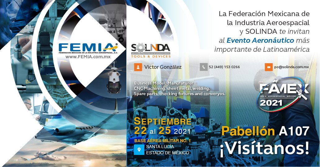 femia_news's tweet photo. ¡Nos vemos en FAMEX 2021!
#Femia #Solinda @FAMEXTweet #MexicoAerospace #ProveedorAeroespacial #InvestInMexico https://t.co/g2Z61kJ9Sj