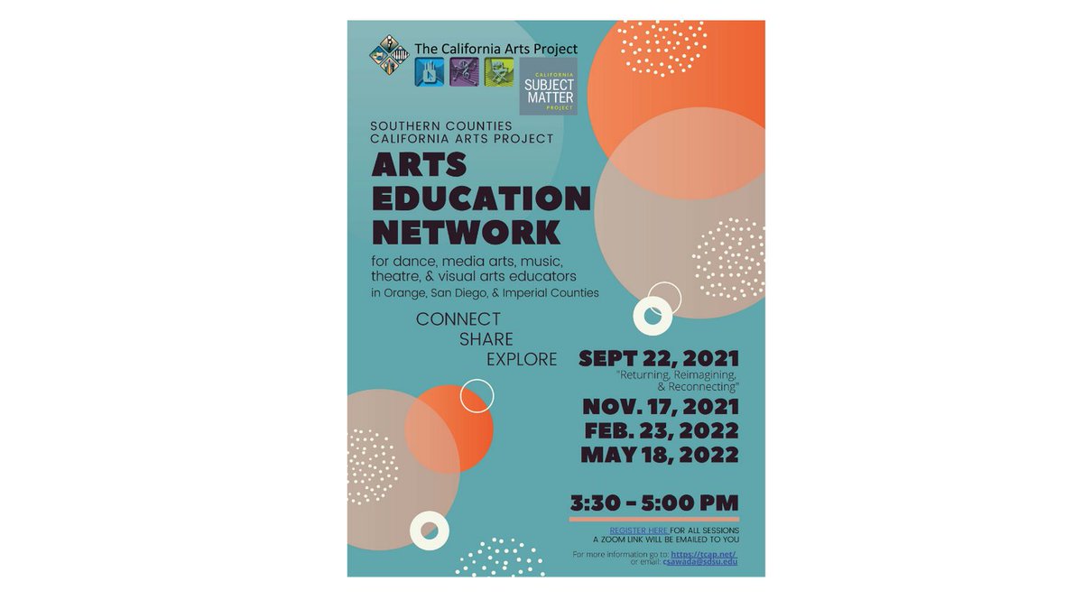 Southern Counties California Arts Project - Arts Education Network. No cost to attend. A Zoom link will be emailed following registration. Registration Link: docs.google.com/forms/d/e/1FAI…
