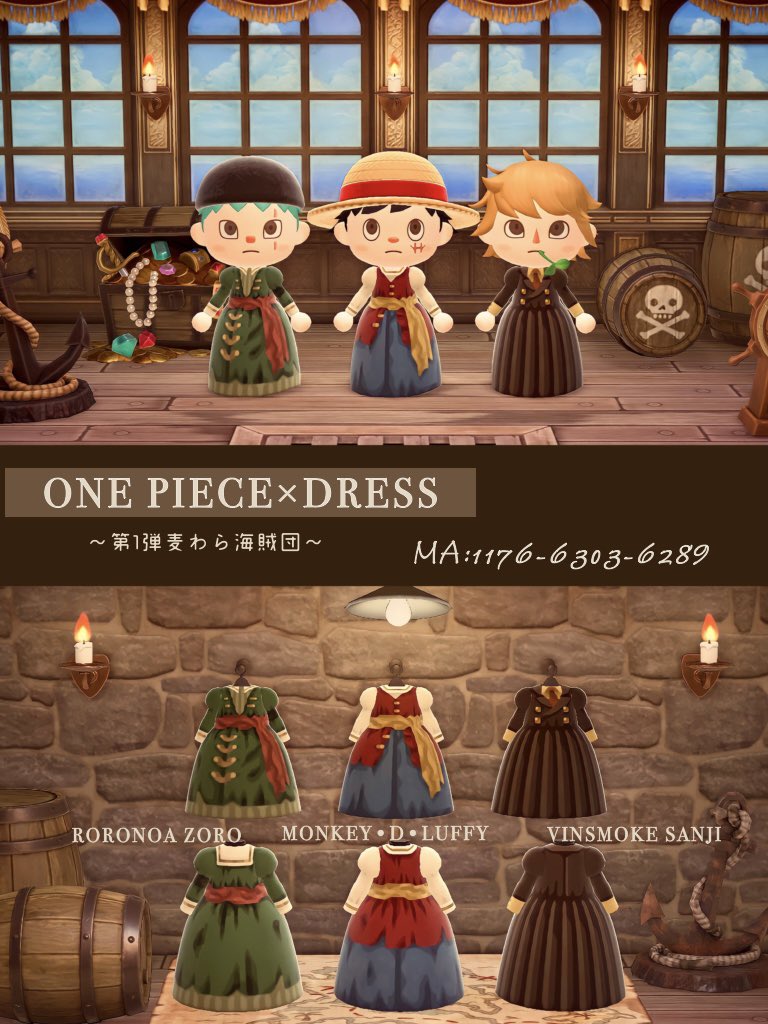 Mayu One Piece Dress 第1弾 麦わら海賊団 ルフィ ゾロ サンジ 漫画 アニメone Pieceの リスペクトオマージュ作品ですˊ 次回 白ひげ海賊団 第4弾までやるつもりです あつまれどうぶつの森 あつ森写真部 あつ森 Acnh Animalcrossing