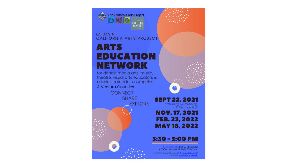 LA Basin California Arts Project - Arts Education Network. No cost to attend. A Zoom link will be emailed following registration. Registration Link: forms.gle/dzZU3r8s5YxM3Y…