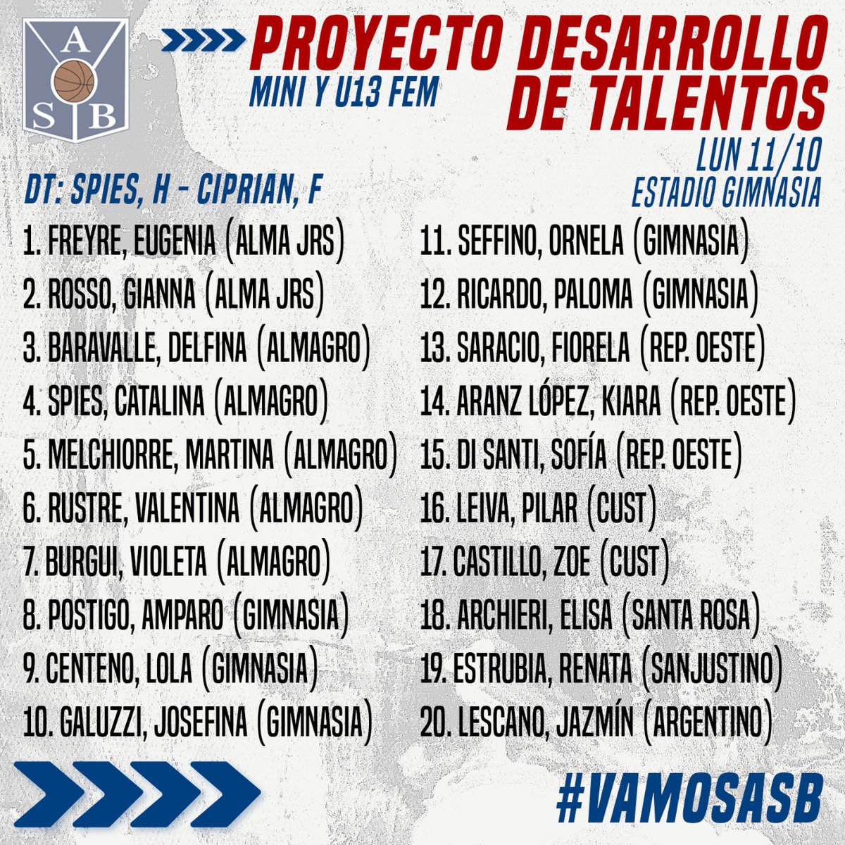 asbprensa's tweet image. #ProyectoDesarrollo 🏀

💥 Primera edición del Proyecto Desarrollo de Talentos Femenino

⌚ Lun 11/10
🏟️ Estadio Gimnasia

💪🏻 #VamosLasPibas
💙❤️🤍 #VamosASB