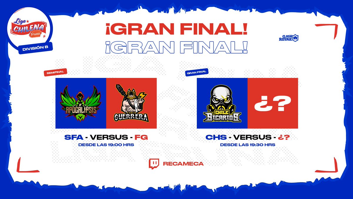 #División2 | Gran Final ⚔️

Hoy viviremos las finales de la división de plata en donde se enfrentan los tres mejores equipos de la competencia.

Acompaña a nuestro querido caster y conoce quien será el campeón  🔥🔥 

🗣️ <a href="/Recameca/">Recameca 😈</a>
📽️ twitch.tv/recameca
🕐 Desde las 19:00 🇨🇱