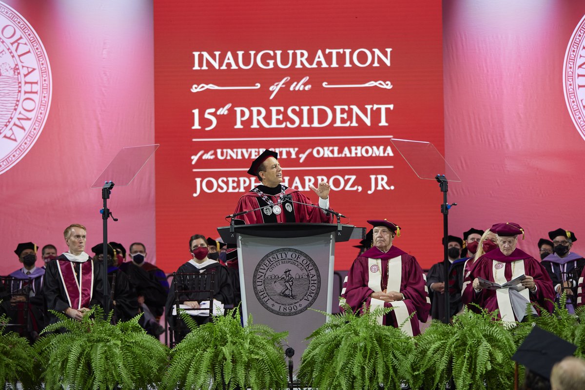 UofOklahoma's tweet photo. Today was a day to remember! Presenting the 15th president of the University of Oklahoma, Joseph Harroz, Jr. 

Leading with commitment and purpose, the future of OU has never been brighter. Thank you to our #OUFamily for such an impactful day. Live On, University. ☝️ https://t.co/GMjgMbgg9G
