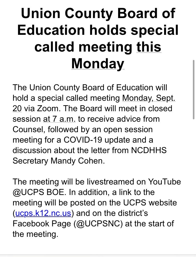 ElsaWSOC9's tweet image. @UCPSNC Board of Ed announces special called meeting Monday @wsoctv