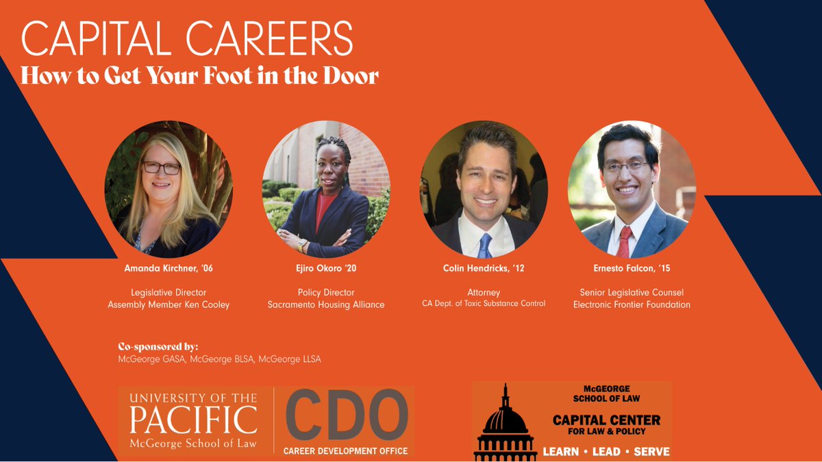Want to work in politics, government, public policy, or anywhere where law and policy intersect? Then join us Tuesday for a conversation with 4 great McGeorge alumni who can help you get your foot in the door! Details at: facebook.com/events/3679181… <a href="/PacificMcGeorge/">McGeorge School of Law</a> @McGeorgeCDO