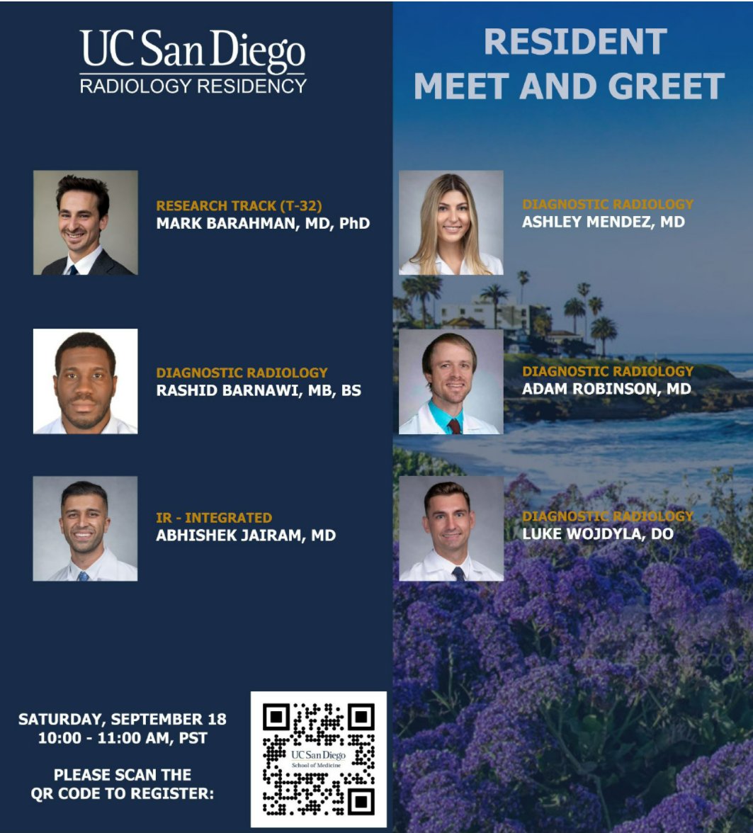 All future #radres, we have a few more meet &amp; greets THIS weekend w/ our T32 (research) program &amp; our own <a href="/UCSDRadRes/">UCSDRadRes</a> trainees! For more info about our program and registering, check out our website: medschool.ucsd.edu/som/radiology/…
Hope to see you there!