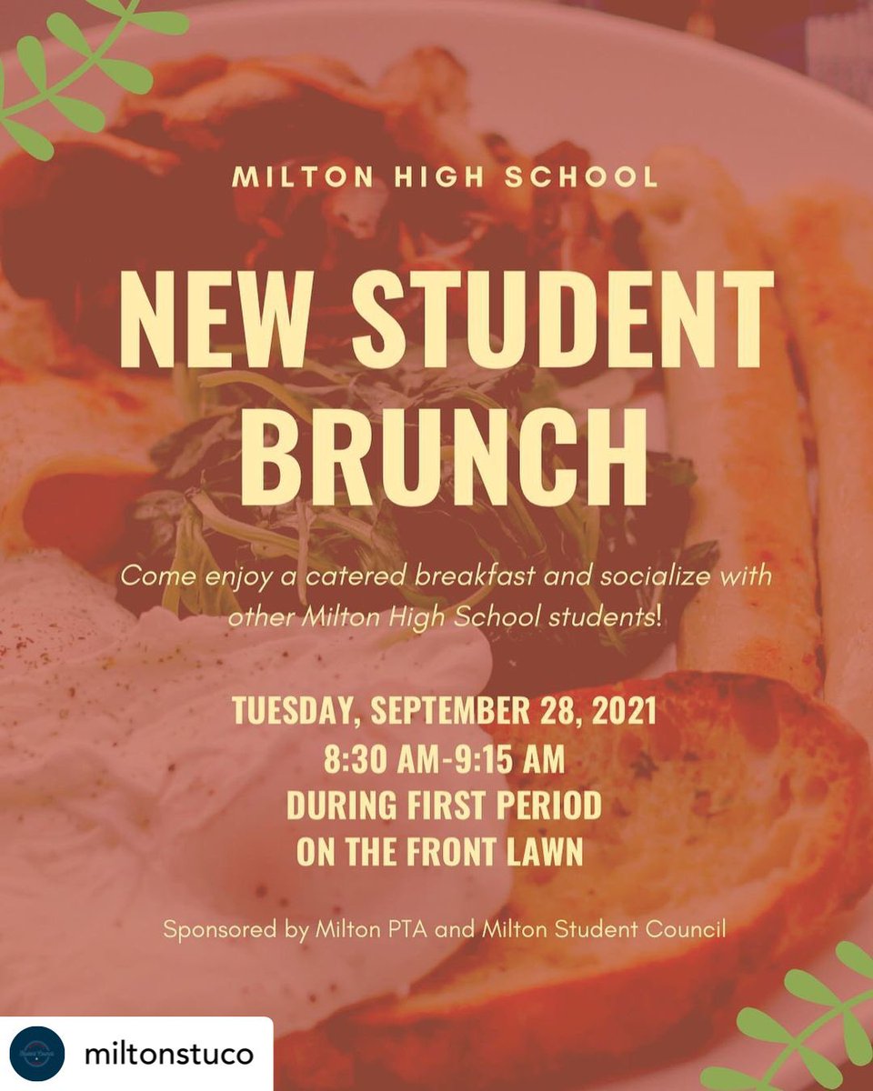 Posted <a href="/withregram/">Repost app</a> • @miltonstuco Hey Eagles! We are so happy to see all the new faces this year at Milton! On September 28th we are going to have a New Student Brunch during first period from 8:30 to 9:15!  We are looking forward to seeing all of you there! Go eagles!! 🦅 😁