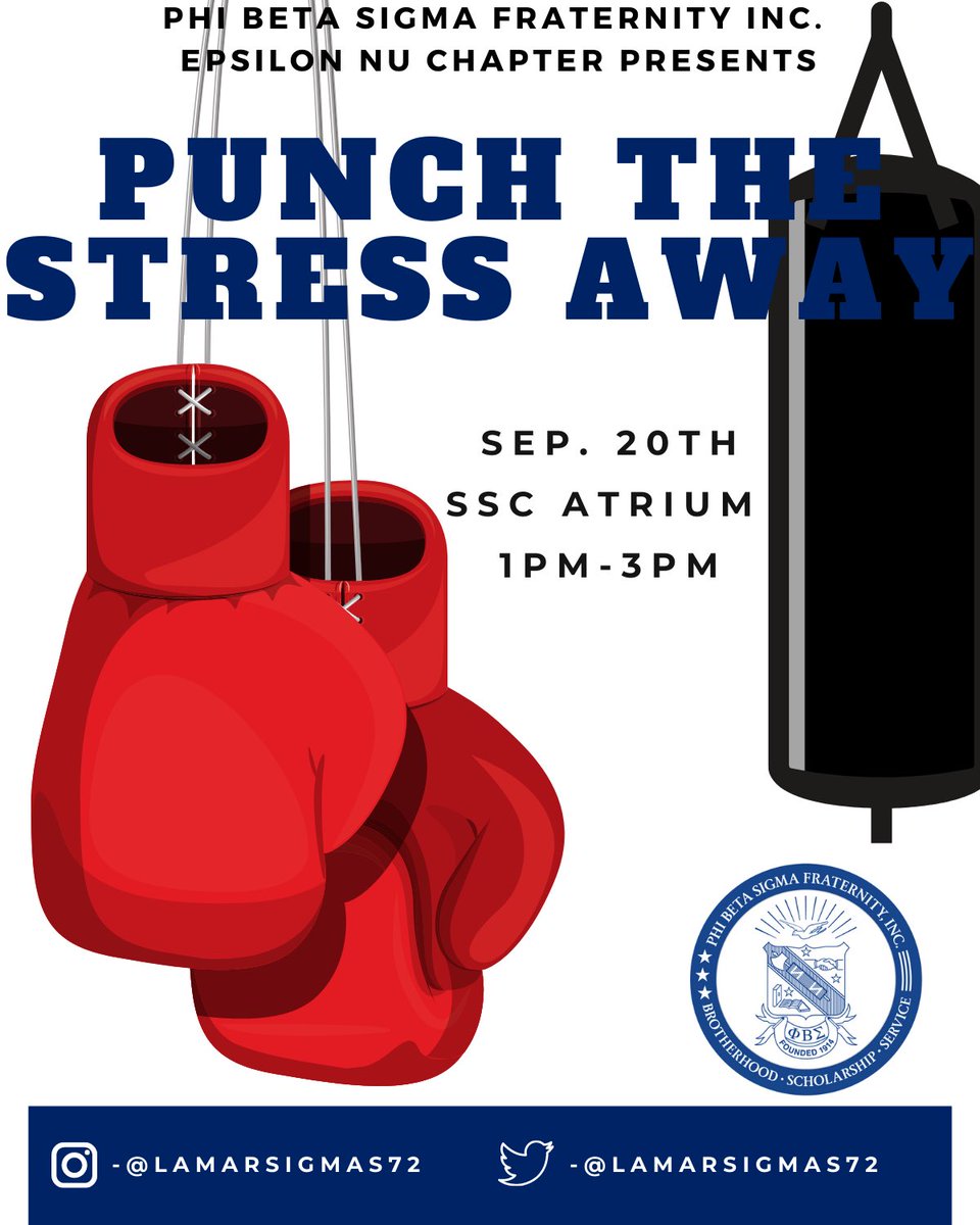 LamarSigmas72's tweet photo. Everyone has a lot on their plates💆🏾‍♂️. What if there was a way you could get all that bottled up anger and frustration out of your system? Well, luckily you can come PUNCH THE STRESS AWAY🥊💥 with us on Sep. 20th between 1 pm - 3 pm in the Student Center! https://t.co/Y9y4GyxvUm