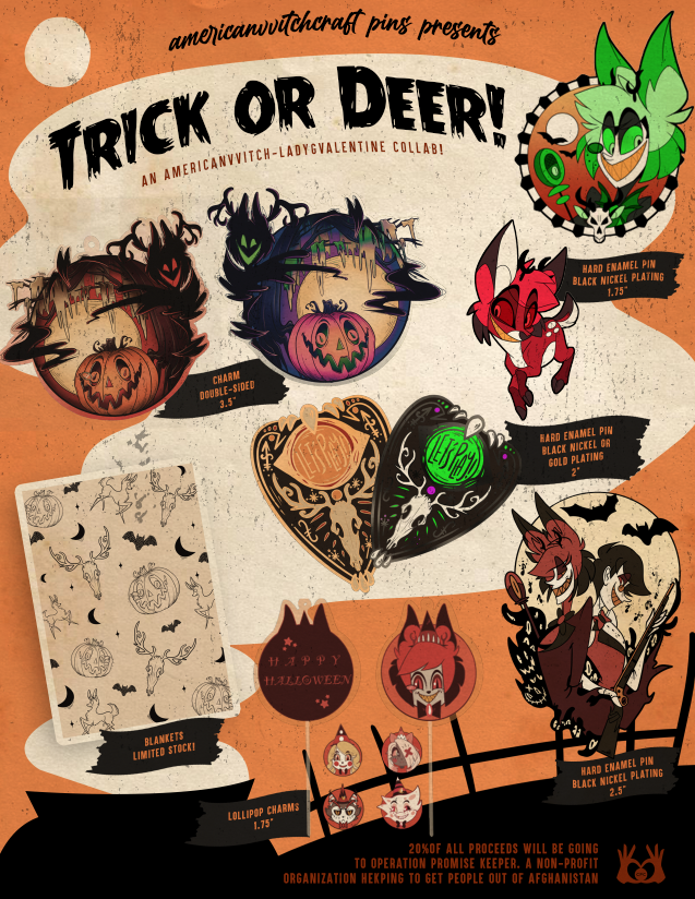 ✨AMERICANVVITCHCRAFT HALLOWEEN COLLECTION✨

LE Halloween charity collab with the Charity Pin Coalition &amp; <a href="/LadyGValentine/">❤️🦌LadyGValentine🦌🖤</a>! Pre-Order bundles available! Blankets are SUPER LIMITED.

Link to order below! 🎃

#HazbinHotel #HazbinHotelAlastor #hazbinfanmerch #HelluvaBoss