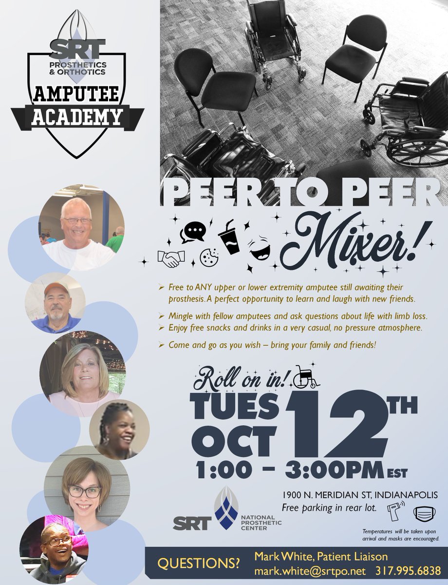 SRTProsthetics's tweet photo. Amputee Academy: Peer to Peer Mixer event that will take place on October 12th at the SRT National Prosthetic Center in Indianapolis. This is specifically aimed towards new amputee patients still awaiting their prosthesis (and family members) to mingle with fellow amputees and a https://t.co/Py68INX8jq
