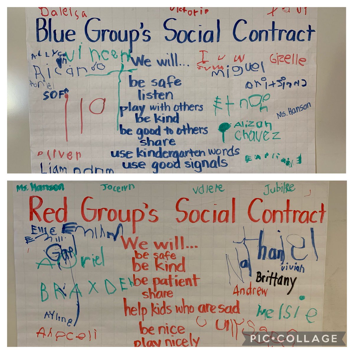ReadWriteRhyme's tweet photo. On Constitution Day kinders in #BlueGroup and #RedGroup created their classroom expectations. This living document will provide support during classroom conversations and conflict resolution. All kinders signed in agreement. #GAT #ClassCouncil #CKH https://t.co/PdnVRQrfcM
