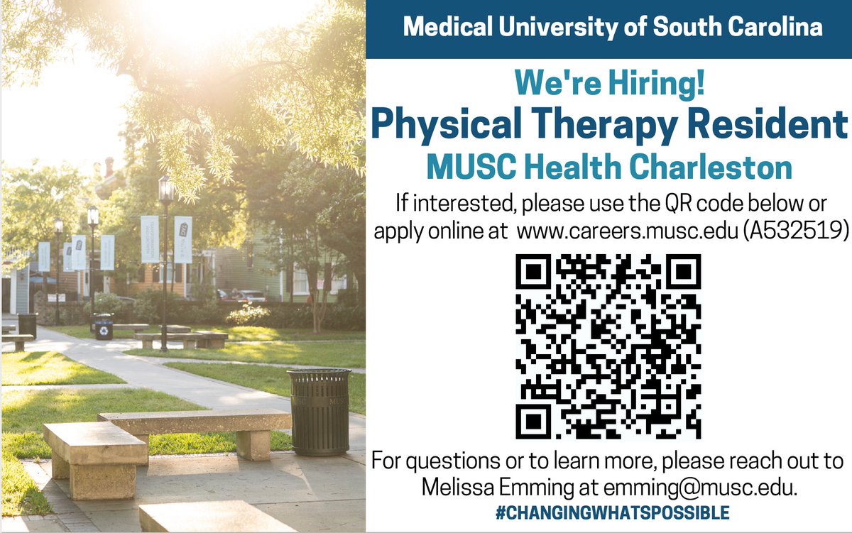 GretchenSeif's tweet photo. Great opportunity in Charleston, SC for a PT interested in residency!  #Changingwhatspossible Please retweet!  @BryantSeamon @OrthopaedicAPTA @HoboHealth @MUSC_CARES @TheresaMarkoPT @Dr_Hunnicutt @KFelderDPT @JSkyeDonovan @PTPintcast https://t.co/I0zCgOZlau