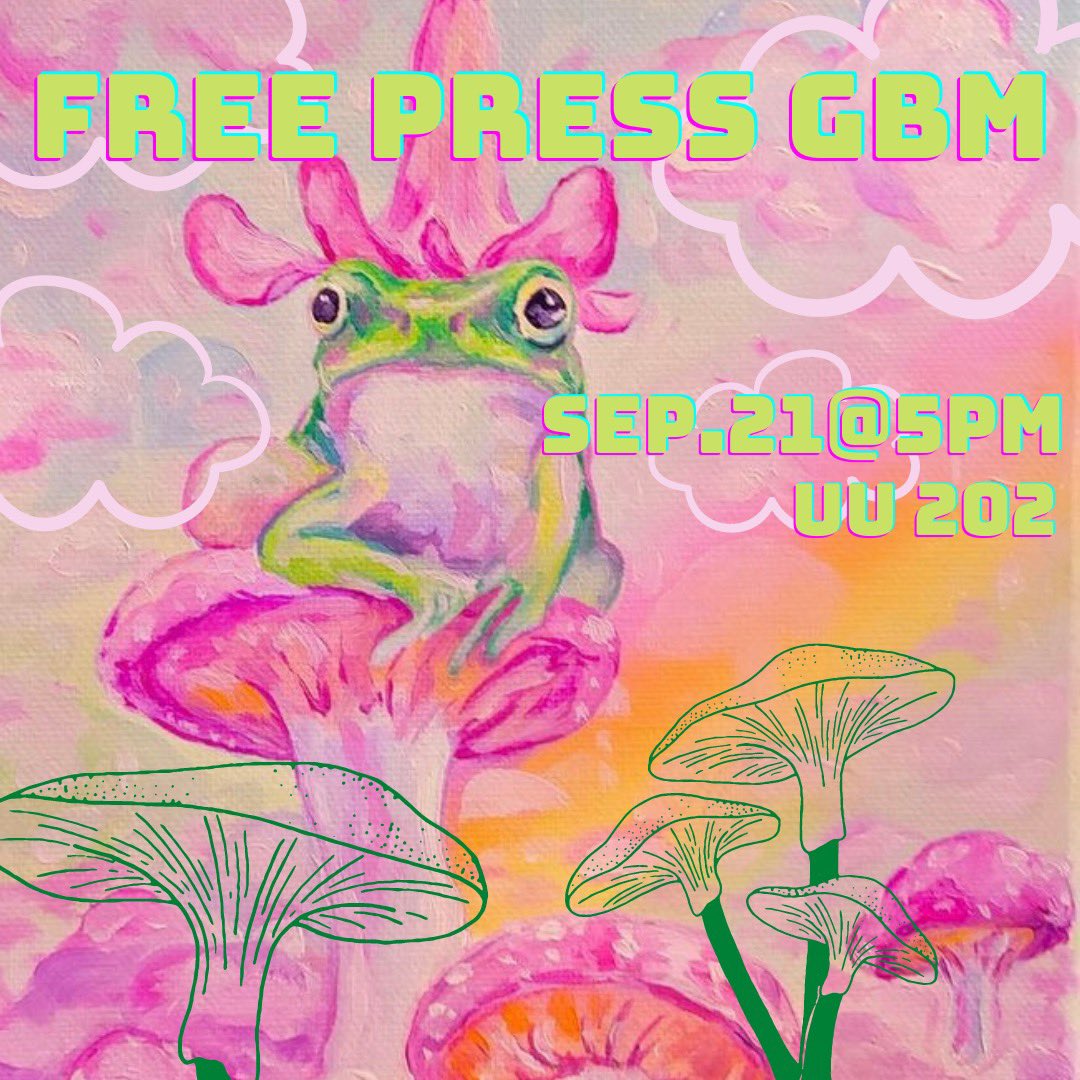 BUFreePress's tweet photo. GENERAL BODY MEETING!!!!! September 21st at 5PM in UU202💌💓💌💓 Come by, say hi, and meet the Eboard!!! See you all there!!!!!🐸💖 https://t.co/TN8yRFKa76