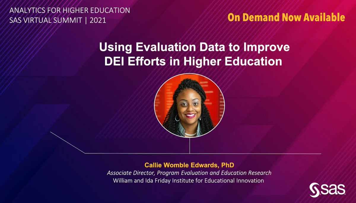 Join <a href="/drcallie_tweets/">Callie Womble Edwards, Ph.D.</a> of the <a href="/FridayInstitute/">Friday Institute</a> for this on-demand presentation as she discusses using evaluation data to advance DEI goals in higher education. #SASHigherEdSummit #highered #DEI
 
Watch the on-demand presentation: bit.ly/3hHiDrd