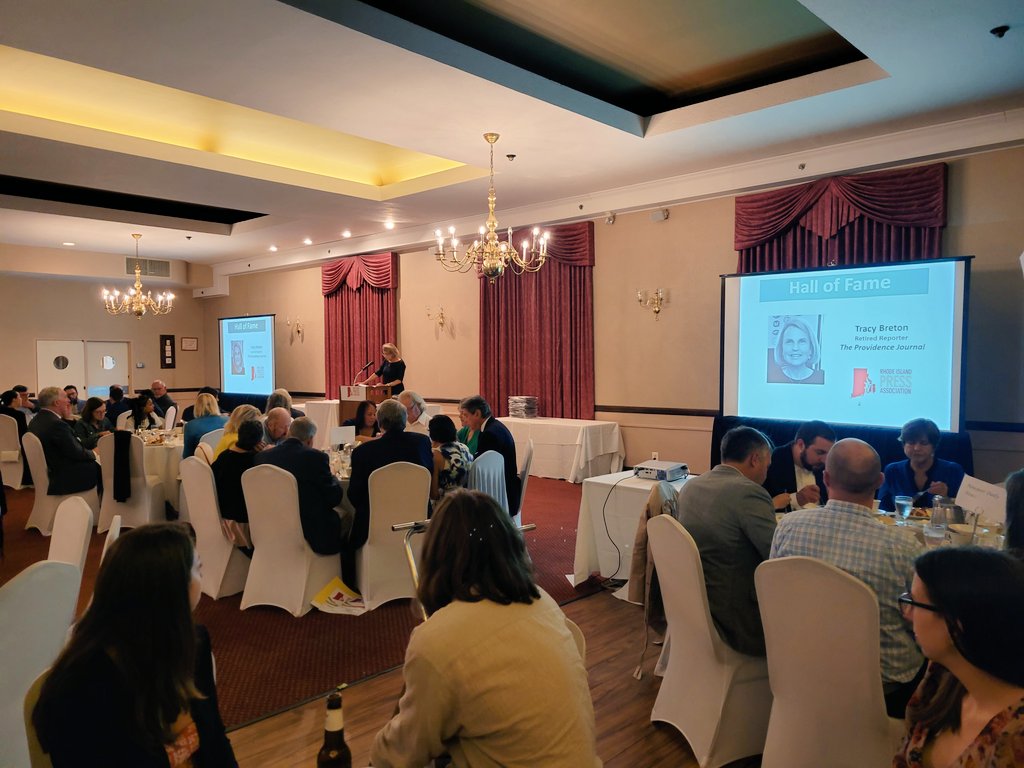 Tracy Breton accepts her induction into the @RIPressAssoc Hall of Fame. She's sharing how she held power to account, including the corrupt police chief who once told her she should be at home making babies instead of making trouble at the station.