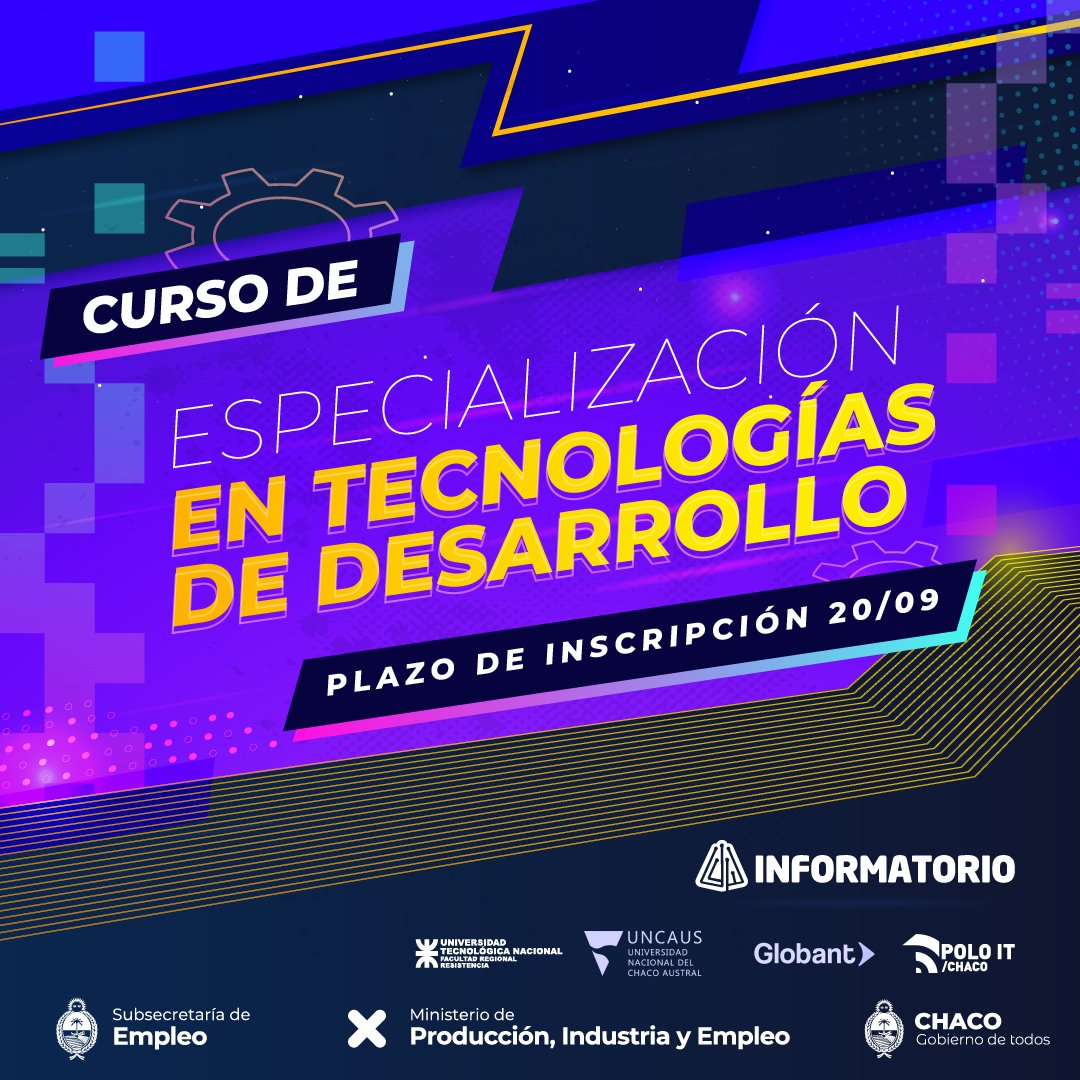 👩‍💻¡EL INFO SIGUE A TODA MÁQUINA!

👨‍💻Último tramo de formación para contar con los conocimientos de un programador/a Full Stack Junior y comenzar a desarrollar de Chaco al mundo. 

¡INSCRIBITE HOY!