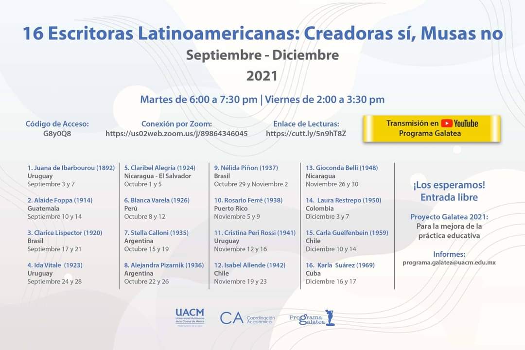 RILMAC_'s tweet photo. El programa Galatea de la  @UACM invita participar en su seminario "16 Escritoras Latinoamericanas: Creadoras sí, Musas no" 

Si te perdiste alguna de las sesiones anteriores, puedes verlas en https://t.co/A4WNrxR5Vd

Conoce toda la programación 👇👇 https://t.co/zgI9681SId
