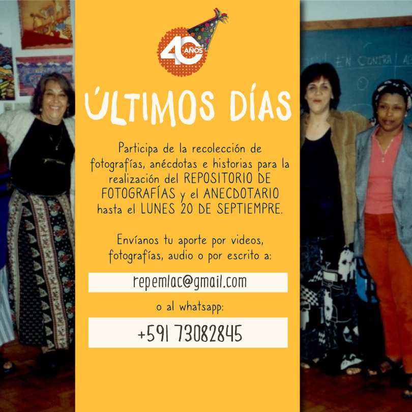 repem_lac's tweet photo. ÚLTIMOS DÍAS
¡Sé parte del baúl de los recuerdos de la #RepemLac! 
💪👩‍🦰👩‍🦳👱‍♀️👧👵
Envíanos tu aporte hasta el lunes 20 de septiembre,  por videos, fotografías, audio o por escrito a:
repemlac@gmail.com o al WhatsApp: (591) 73082845 https://t.co/h0sVJZcFDJ