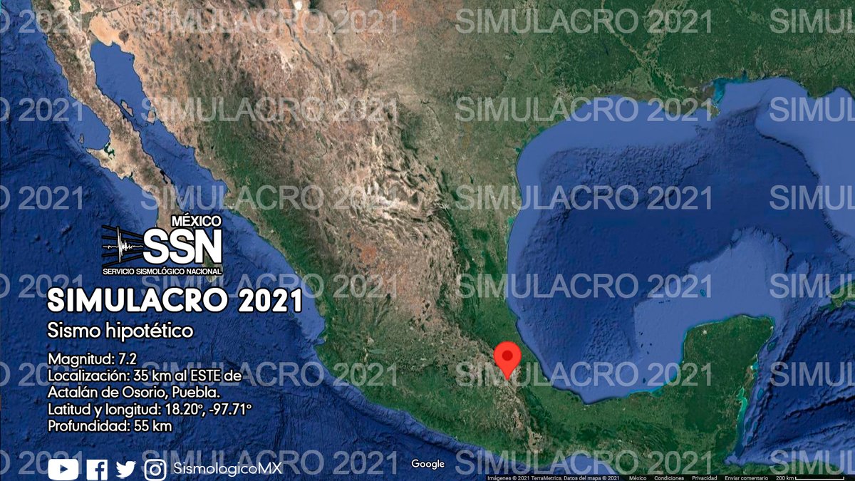 SSNMexico's tweet photo. SIMULACRO 2021 #SimulacroNacional 
SISMO Magnitud 7.2 Loc 35 km al ESTE de ACATLÁN, PUE 19/09/21 11:30:00 Lat 18.20 Lon -97.71 Pf 55 km https://t.co/MIkDmCf0P8