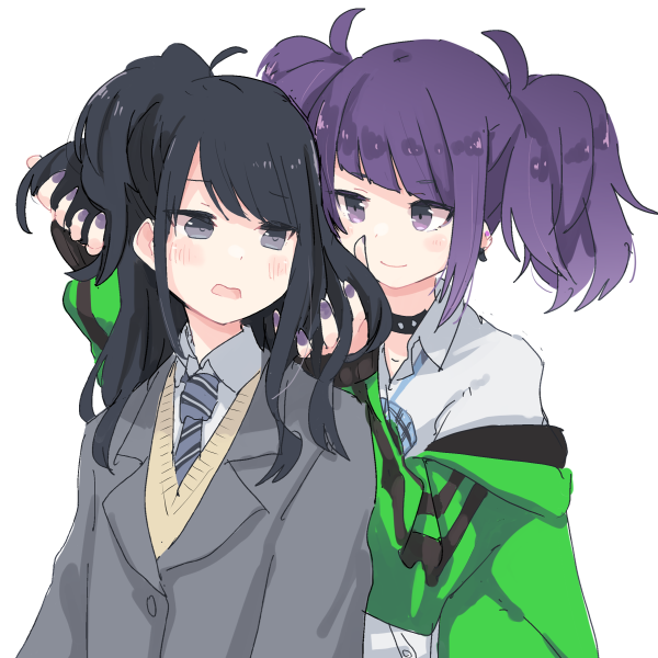 kazano hiori ,tanaka mamimi multiple girls 2girls black hair purple hair twintails school uniform jacket  illustration images