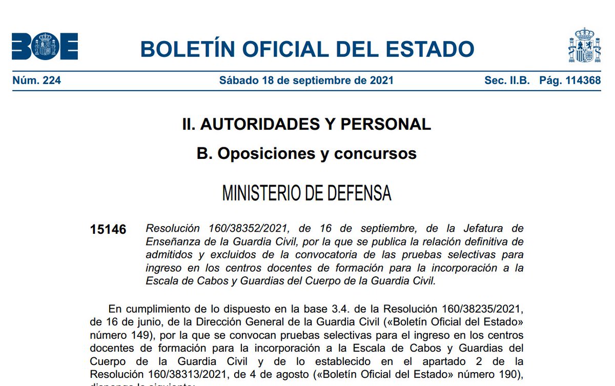 * Ingreso GC 2021 *
Ya tenéis publicada resolución 160/38352/2021, de 16 de septiembre de resultados definitivos de admitidos y excluidos, así como sede, aula día y hora de presentación.
  A lo largo de la mañana tendréis resolución con listado completo en guardiacivil.es/es/servicios/t…