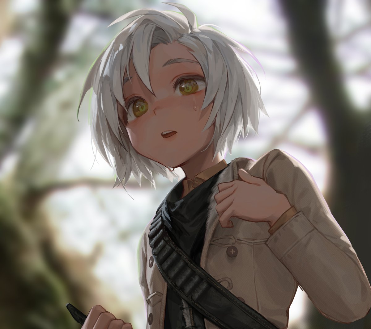 solo 1girl blurry short hair white hair blurry background open mouth  illustration images