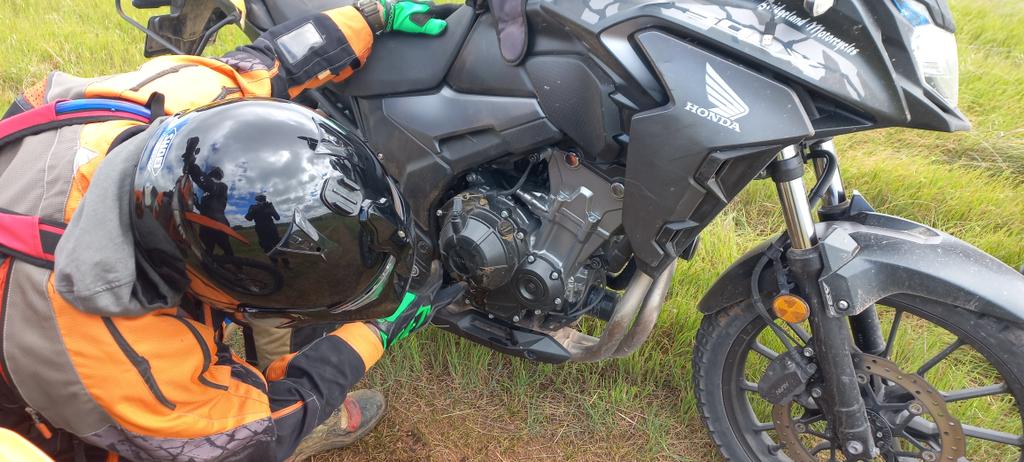 michael_sierp's tweet photo. @GSARally PJ's bike picked a nasty rock, bike hit the deck, punched a hole, oil gone and needs a trailer pick up. Bugga. https://t.co/gIGiL15Pex