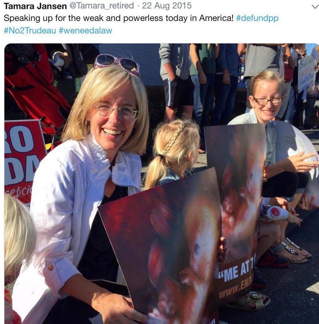 CindyDalglish's tweet photo. Think this is a Texas problem? This is the Conservative candidate for #CloverdaleLangley City rallying against a woman’s rights to access an abortion. Don’t let her be our problem. #cdnpoli #SurreyBC #langleybc https://t.co/dsIoMv8GNi