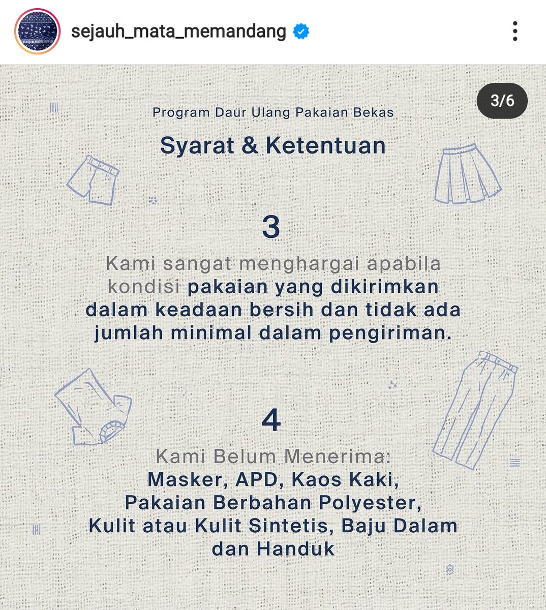 Bagi yang memiliki baju yang tidak terpakai lagi (kecuali pakaian berbahan kulit, pakaian dalam, atau pakaian medis seperti di keterangan di bawah ini), dan ingin berpartisipasi dlm fabric recycle project, bisa disumbangkan utk didaurulang oleh Sejauh Mata Memandang (^^)