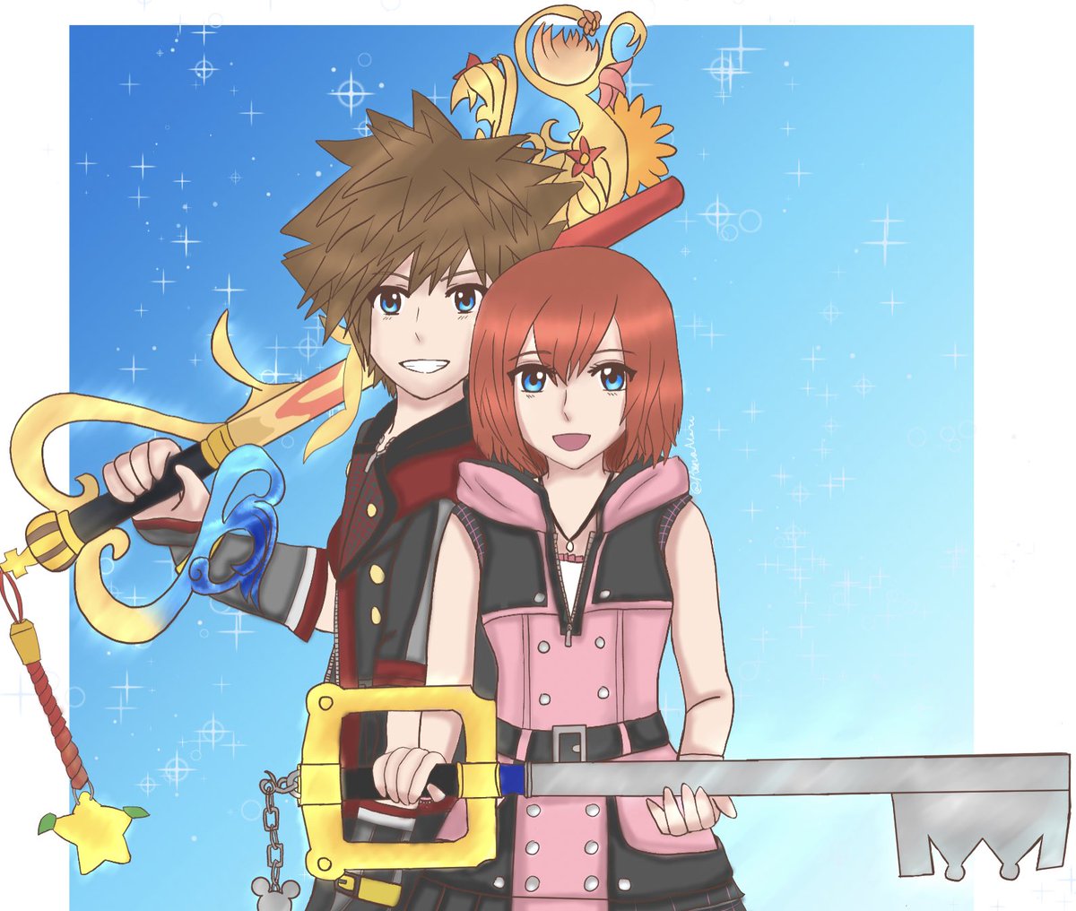 Happy SoKai day! Don’t you think they’d share keyblades in a future team attack? A colored version of my thank you for <a href="/SoKaiZine/">SoKai Zine ♡ One Light One Heart</a>! #kingdomhearts #sokaiday #sokaiday2021 #sora #kairi
