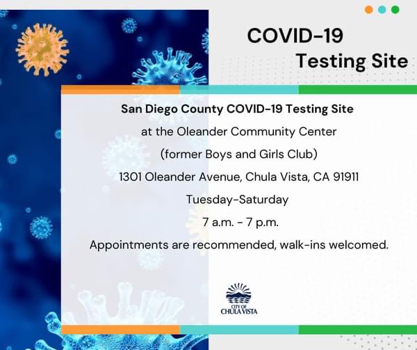 ➡️COVID-19 Testing Site located at the Oleander Community Center, 1301 Oleander Ave., Chula Vista, CA 91911. Open Tuesday- Saturday from 7AM-7PM. Testing is free! appointments are recommended, but walk-ins are welcomed.