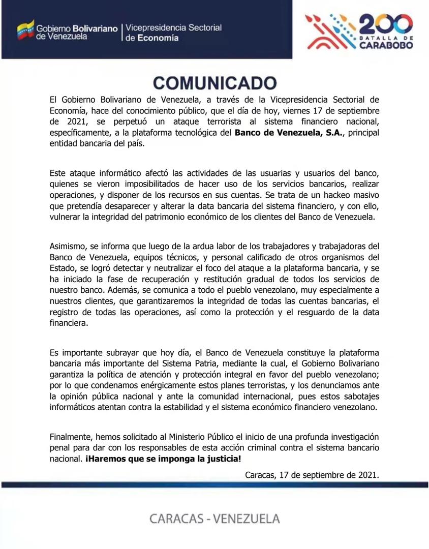 🇻🇪📰 #COMUNICADO | La Vicepresidencia Sectorial de Economía mediante un comunicado le informa a la ciudadanía de un nuevo ataque terrorista al sistema financiero nacional, afectando la plataforma tecnológica del Banco de Venezuela. pic.x.com/lnhkazVjqF