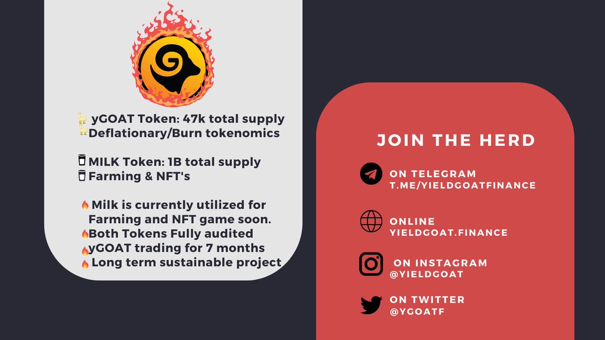 YgoatF's tweet photo. Have you checked out $ygoat and $milk yet?
#Crypto #cryptocurrency #CryptoNews #farming #NFTs #NFTCommunity #altcoin #Bitcoin #Solana #Ethereum #Tokenomics #Tokenburning #dogecoin #cryptocommunity #BSCGems #bsc #Binance #BinanceSmartChain #PancakeSwap #YieldFarming #YieldFarm https://t.co/LbuhXJk73q