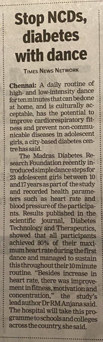 Our Thandav dance program as physical activity featured in Times of India today .. ⁦@DrJitendraSingh⁩ ⁦@DrTamilisaiGuv⁩ ⁦@shekhar_mande⁩ ⁦@ramyakannan⁩ ⁦@Toi_pushpa_n⁩ ⁦@timesofindia⁩ ⁦⁩ #dance #preventdiabetes #diabetesreversal