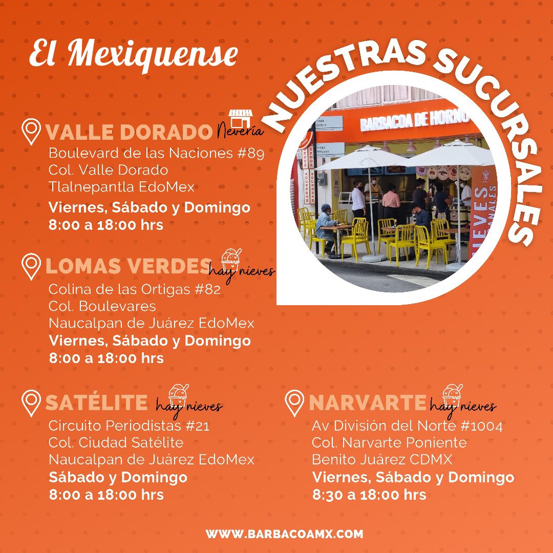 barbacoa_mx's tweet photo. ¿Dónde encontrar auténtica barbacoa de horno de El Mexiquense? Te esperamos en cualquiera de nuestras 4 sucursales #barbacoadehorno #barnacoaelmexiquense #comidamexicana #tacosdebarbacoa #barnacoaencdmx https://t.co/MZeY2zWJQb