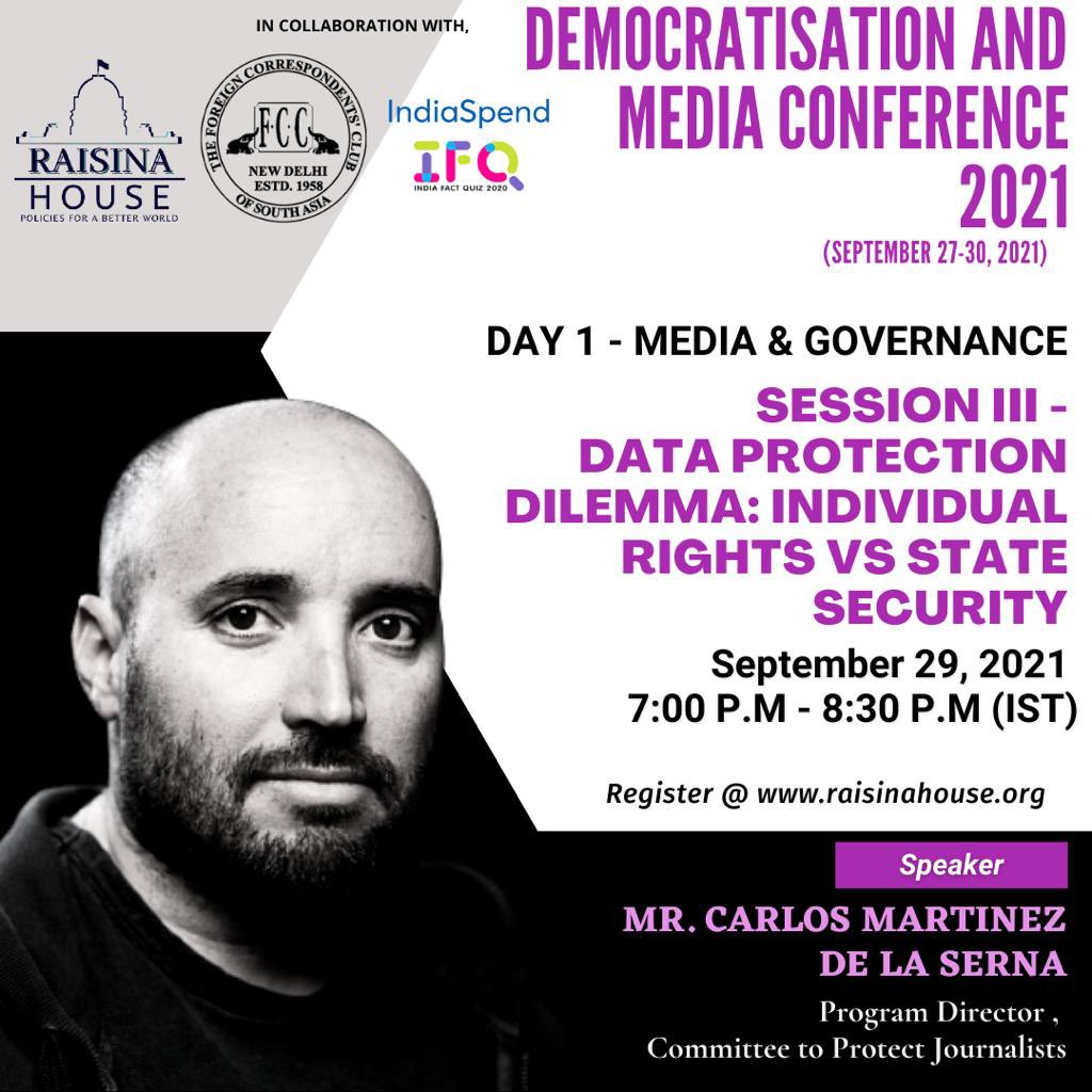 RaisinaHouse's tweet photo. #DMC2021 - Mr. @cmdelaserna will be speaking at our Democratisation &amp; Media Conference 2021 with @IndiaSpend and @FCCNewDelhi on Data Protection - Rights v/s State Security. 

🗓September 29 from 7:00 PM(IST).

Registration Link - https://t.co/BSgdzW5iKC https://t.co/hHbvD4Hgzq