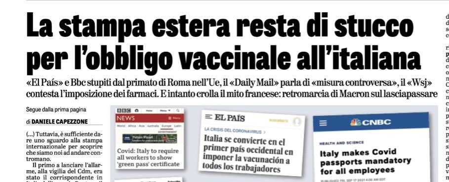 +++Oggi in apertura su <a href="/LaVeritaWeb/">La Verità</a>+++ 
Il mondo ci guarda sul #GreenpassObbligatorio, ma fa il contrario. Altro che “avanguardia” (come dice il coretto mainstream), siamo l’anomalia. Le reazioni dei media internazionali esaminate in dettaglio. E perfino Macron arretra…
