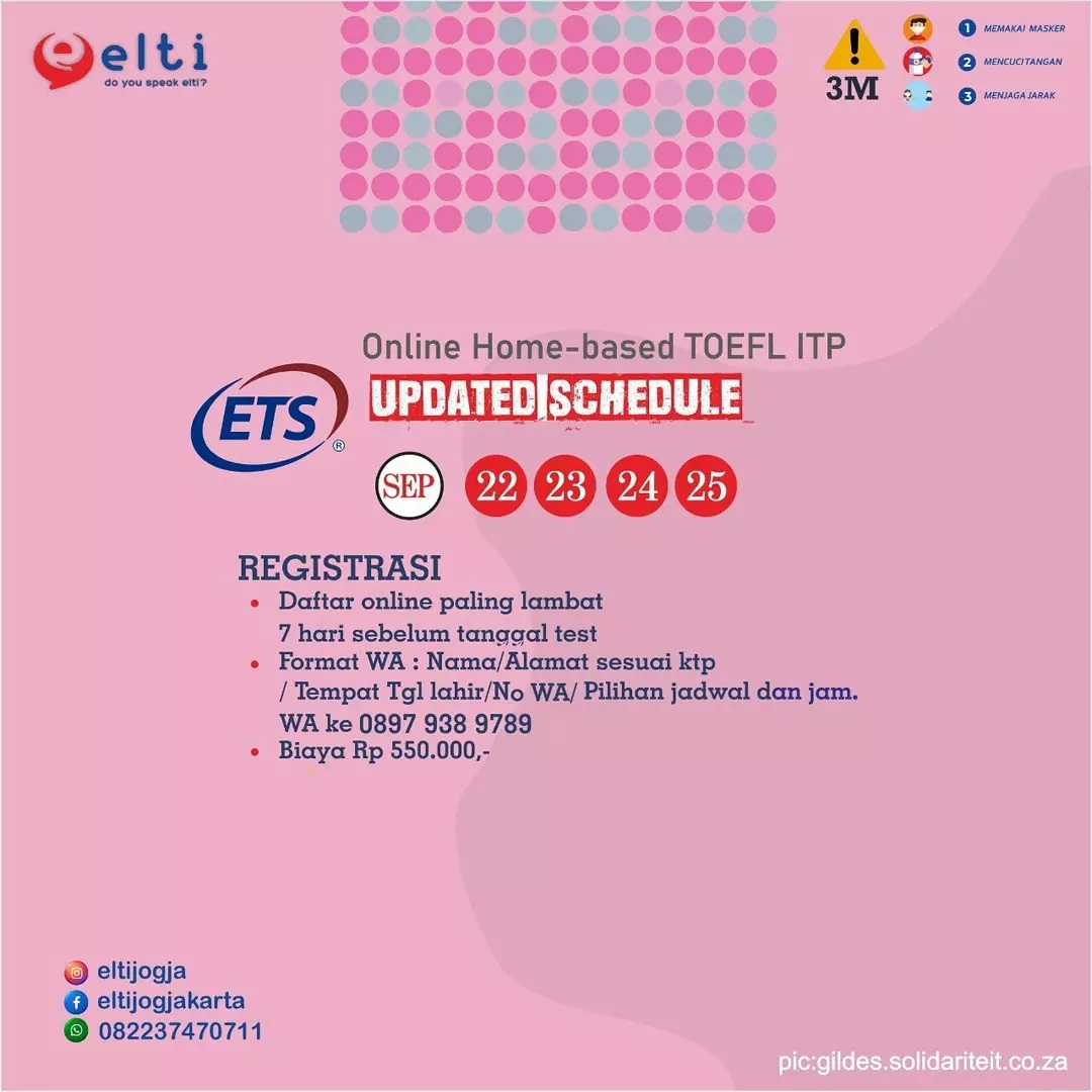 eltijogja's tweet photo. Jadwal TOEFL ITP
Online bulan September
⠀
Untuk registrasi langsung Wa dengan format :
Nama/Alamat sesuai ktp/Tempat &amp; Tgl lahir/No WA/Pilihan jadwal dan jam.⠀
⠀
https://t.co/5QtehMI8ig⠀ https://t.co/WKPSqIvRMF