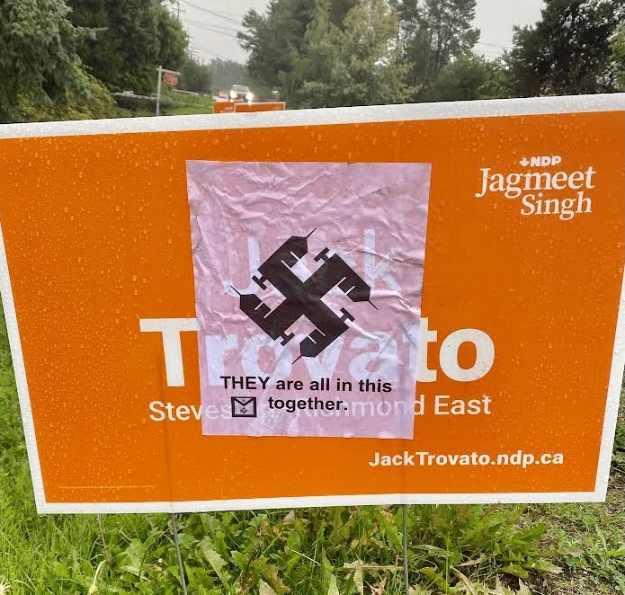 Absolutely stunned at the recent vandalism of our signs with this symbol associated with intolerance and hate. This type of vitriolic hate has no place in our community... regardless of candidate or political party. Retweet this if you agree. We're better than this, #RichmondBC!