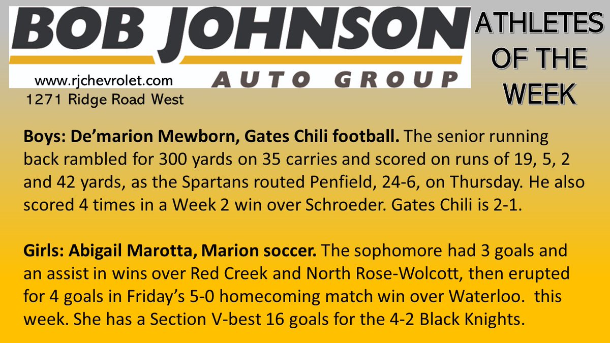 RocDevo's tweet photo. CONGRATS TO @GCSDSpartans RB De'marion Mewborn, who rambled on vs. Penfield, and Marion Abigail Marotta, Section V soccer's scoring leader!

They're the Bob Johson Auto Athletes of the Week on the Connors &amp; Ferris HS Sports Show!

Watch live right now: https://t.co/jjUFfl08fU https://t.co/XvXltoOrtD