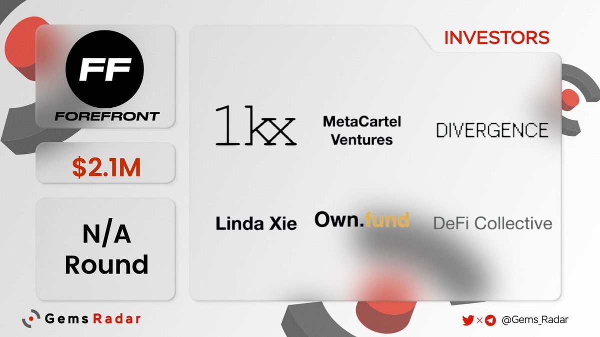 Degen_Radar's tweet photo. 🎉@forefront__, a project that aims to build an information highway between Web2 &amp; Web3, has raised $2.1M from various VCs. 

🏆@1kxnetwork @pet3rpan_, @divdotvc, @lindaxie, @Meta_Cartel @VENTURE_DAO, @divdotvc @cjliu49 &amp; @Own_fund are among investors.

✅https://t.co/GItta9UC7W https://t.co/c3bYWYdXMU