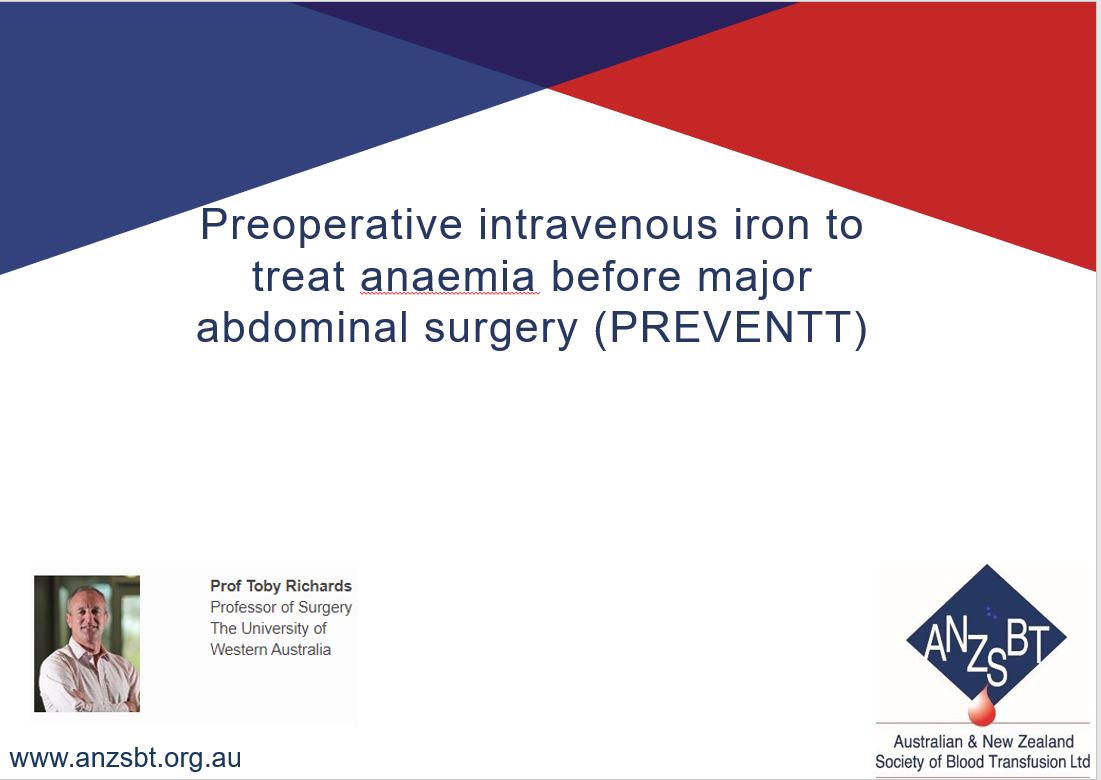 On NOW #blood2021 
Prof Toby Richards <a href="/uwanews/">UWA</a> presents his work on preoperative intravenous iron to treat #anaemia before major abdominal surgery 
from PREVENTT trial. bit.ly/39dBNAq