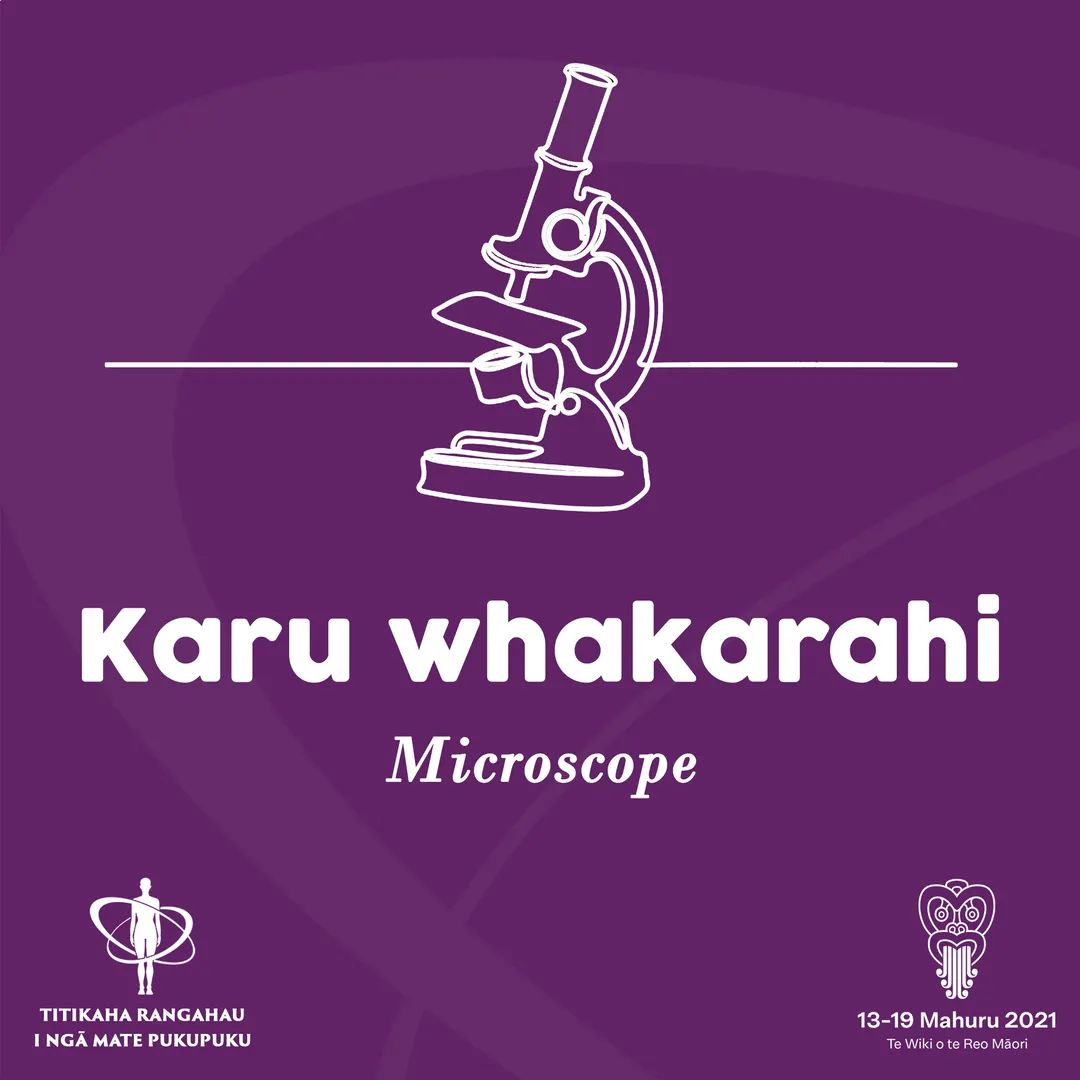 Cancer Research Trust NZ 🎗🇳🇿 (@crt_nz) on Twitter photo This Te Wiki o te Reo Māori, we're sharing some cancer research related kupu. 💡
Today: Karu whakarahi | Microscope
#reomāori #karuwhakarahi #kiakahatereomāori #tereo #science #matepukupuku #tewikiotereomaori #cancerresearch #cancer #CancerResearchNZ <a href="/reomaori/">Te Taura Whiri i te Reo Māori</a> This Te Wiki o te Reo Māori, we're sharing some cancer research related kupu. 💡
Today: Karu whakarahi | Microscope
#reomāori #karuwhakarahi #kiakahatereomāori #tereo #science #matepukupuku #tewikiotereomaori #cancerresearch #cancer #CancerResearchNZ <a href="/reomaori/">Te Taura Whiri i te Reo Māori</a>