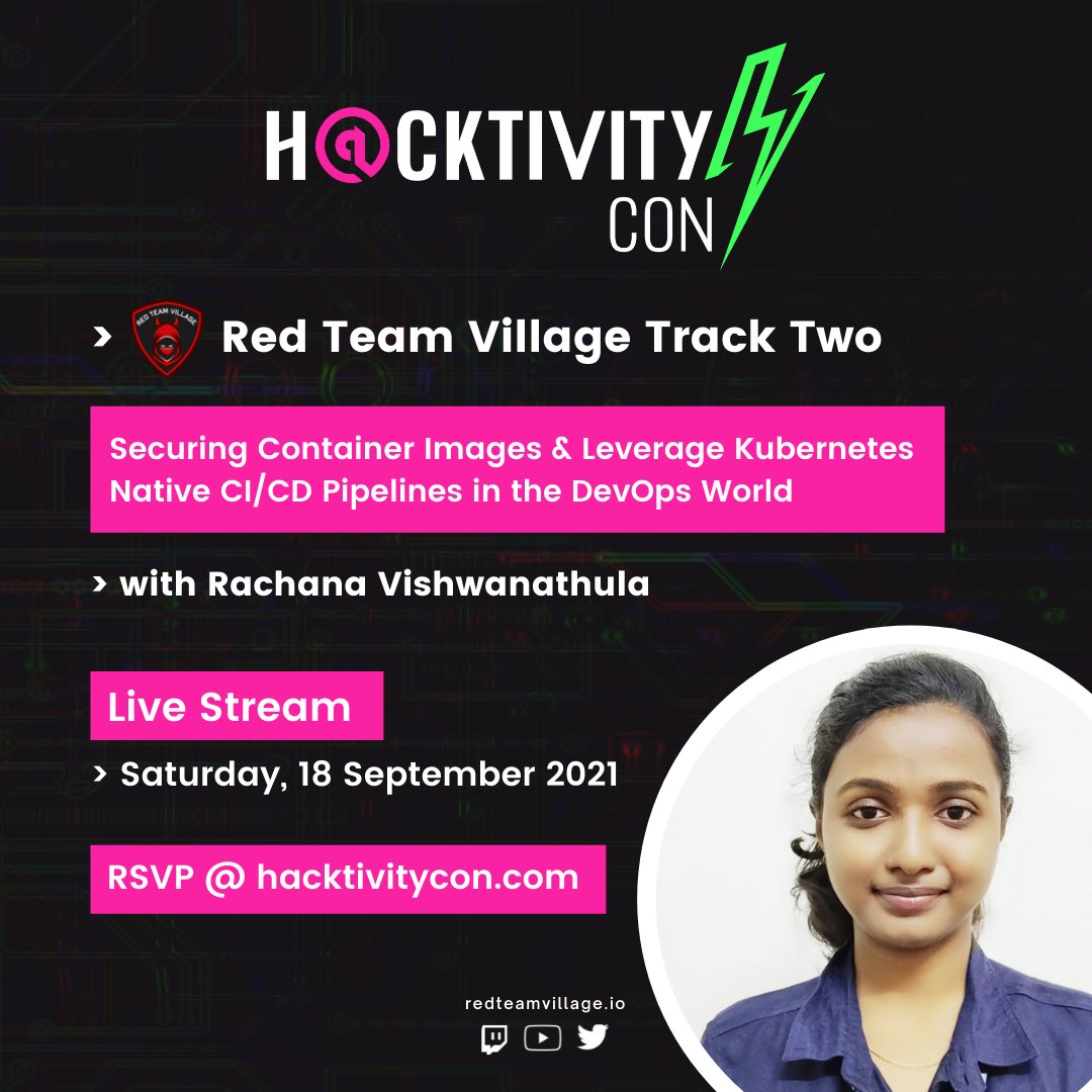 Rachana Vishwanathula <a href="/rachanavishwa/">RachanaVishwanathula</a> teaches us how to Continuously Deliver a Secure Docker App to Orchestrators 

RTV Schedule: redteamvillage.io/schedule.html
Stream: twitch.tv/rtv_track2
#Hacktivitycon #hacktivitycon2021 <a href="/Hacker0x01/">HackerOne</a> hacktivitycon.com #bugbountytips #redteam