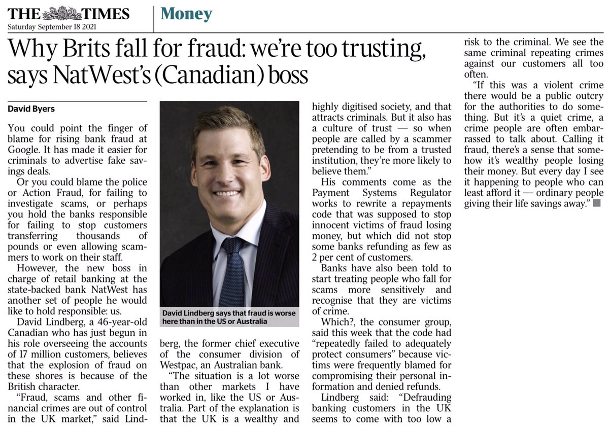 paullewismoney's tweet image. “Fraud, scams and other financial crimes are out of control in the UK market,” says David Lindberg, the new Canadian head of retail banking at NatWest. And he blames us, trusting Brits, for it.