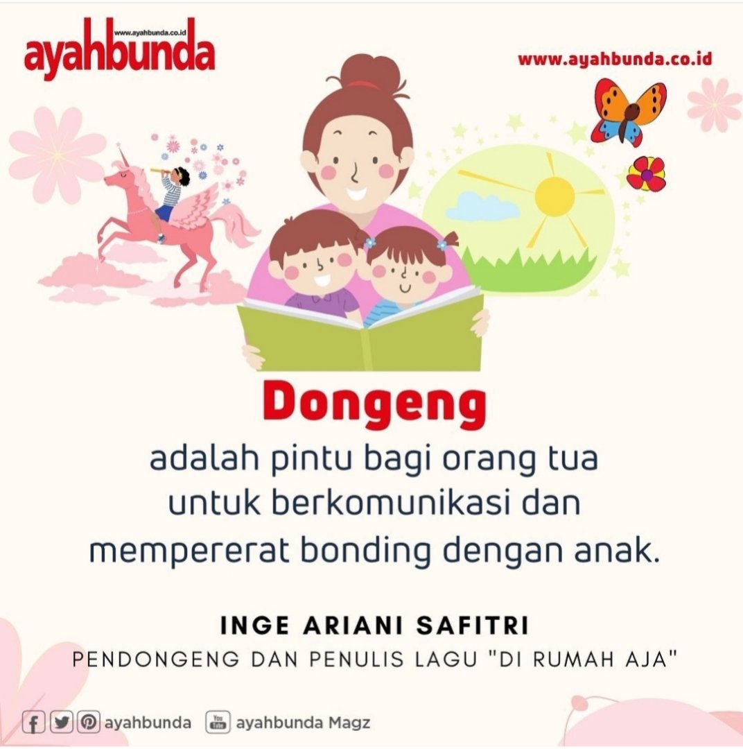 Manfaat dongeng tak main-main. Anak bayi-balita yang tak pernah didongengi atau dibacakan cerita, kelak akan alami kesulitan untuk memahami bacaan, bahkan pembicaraan dan komunikasi dgn orang lain. Yuk Bun, rutin dongengi/bacakan cerita pada anak kita. 
#TipsAyahbunda